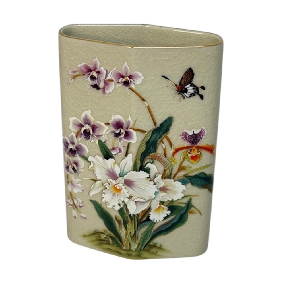 Toyo Porcelain Bud Vase Cream Painted Purple White Orchids Crackle Glaze 7"
